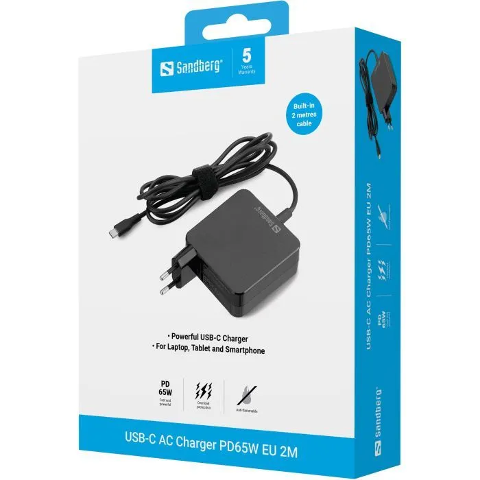 Зарядное устройство Sandberg USB-C 65W GaN built-in cable USB-C 2.0m black (135-79) изображение 2