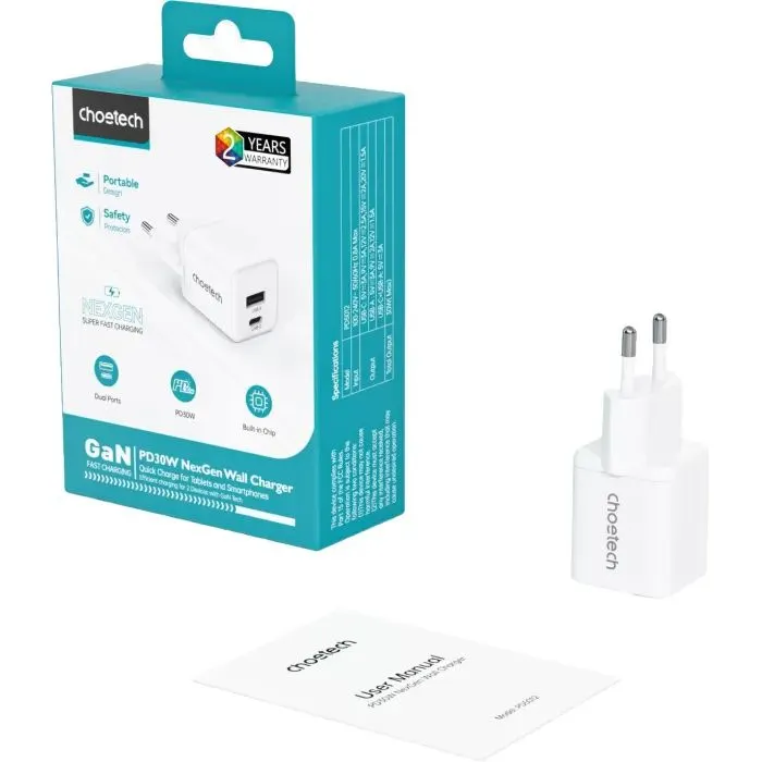 Зарядное устройство Choetech 1xUSB-C PD30W PPS + 1xUSB QC3.0 (PD5012-EU-WH) изображение 3