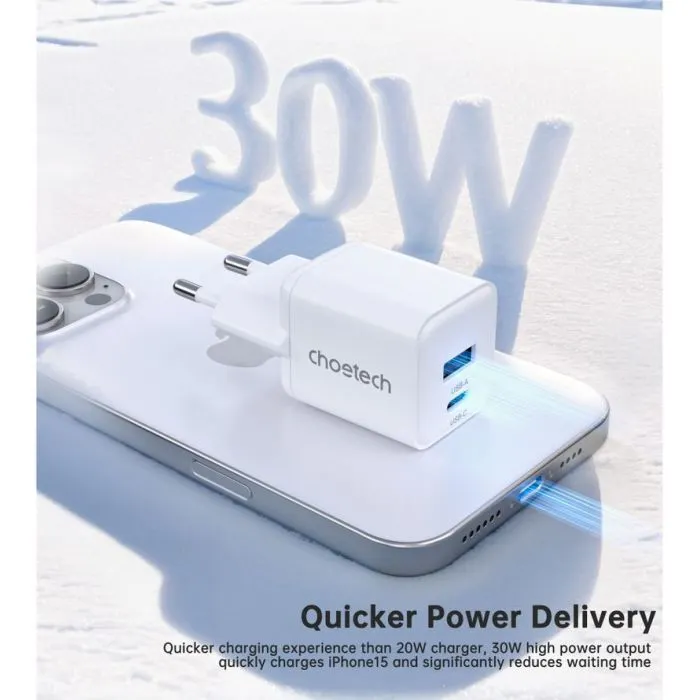 Зарядное устройство Choetech 1xUSB-C PD30W PPS + 1xUSB QC3.0 (PD5012-EU-WH) изображение 5