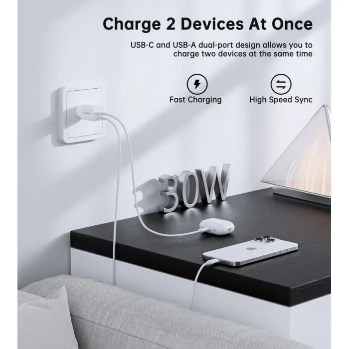 Зарядное устройство Choetech 1xUSB-C PD30W PPS + 1xUSB QC3.0 (PD5012-EU-WH) изображение 8