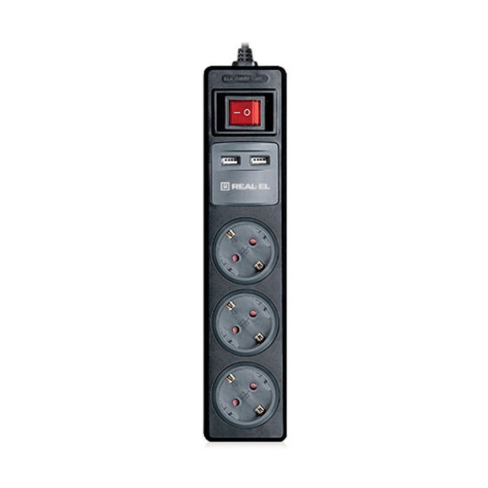 Мережевий подовжувач REAL-EL RS-3 USB CHARGE 1.8m, black (EL122500001)