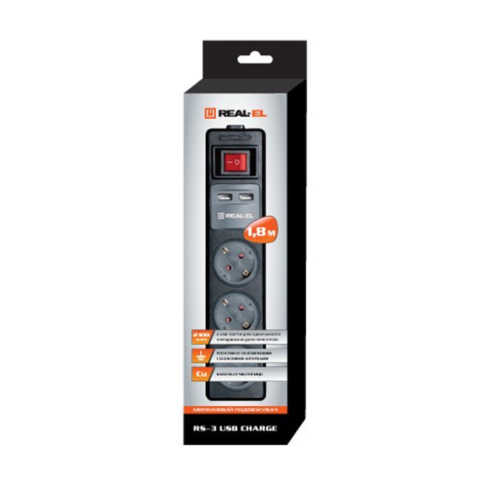 Мережевий подовжувач REAL-EL RS-3 USB CHARGE 1.8m, black (EL122500001) зображення 3