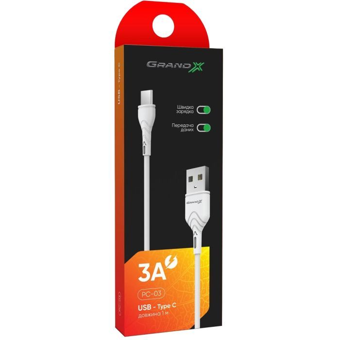 Дата кабель USB 2.0 AM to USB-C 1.0m White Grand-X (PC-03W) зображення 3