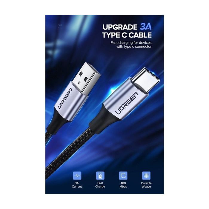 Дата кабель USB 2.0 AM to USB-C 1.5m US288 Aluminum Braid (Black) Ugreen (60127) изображение 2