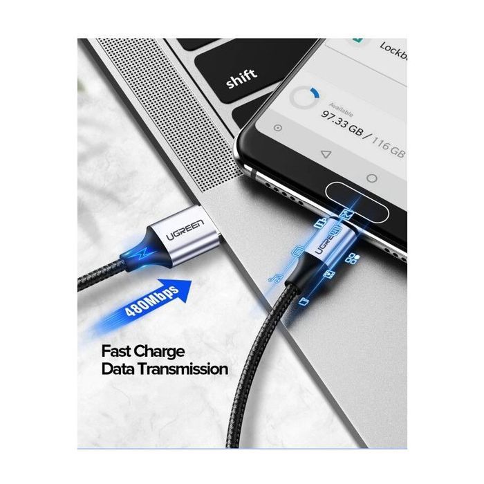 Дата кабель USB 2.0 AM to USB-C 1.5m US288 Aluminum Braid (Black) Ugreen (60127) изображение 7