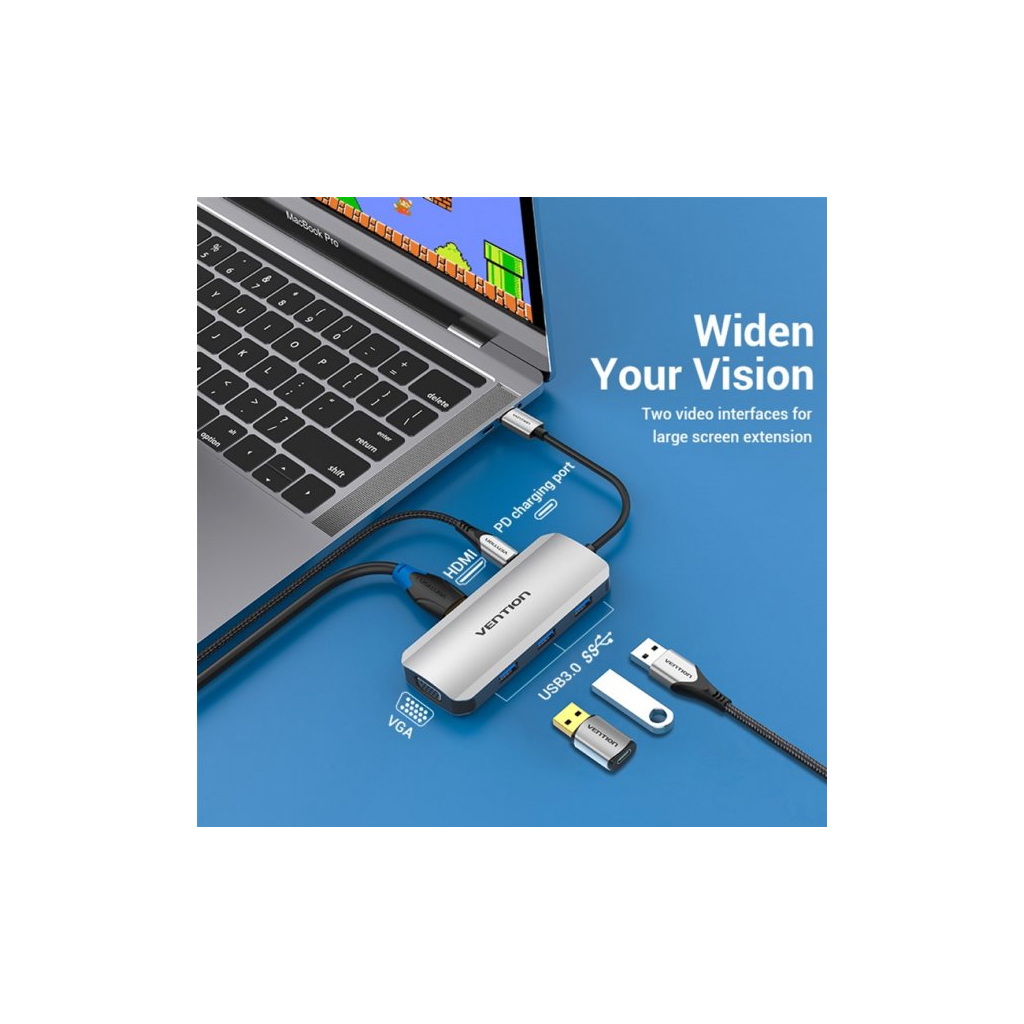Концентратор Vention USB3.1 Type-C --> HDMI/VGA/USB 3.0x3/PD 100W Hub 6-in-1 (TOIHB) зображення 4