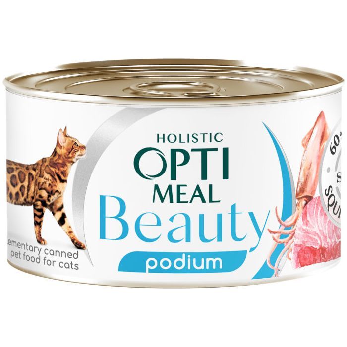 Консервы для кошек Optimeal Beauty Podium полосатый тунец в соусе с кальмарами 70 г (4820215366243)
