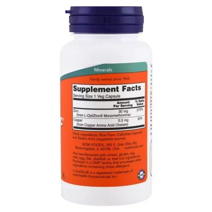 Минералы Now Foods L-ОптиЦинк 30 мг, L-OptiZinc, 100 вегетарианских капсул (NOW-01510) изображение 2