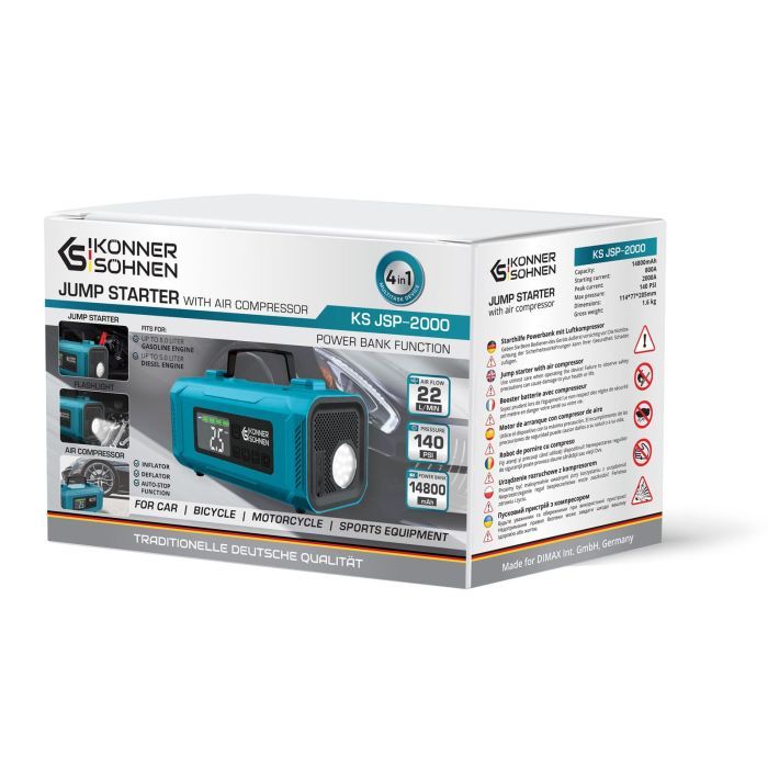 Пуско зарядний пристрій Konner&Sohnen портативний KS JSP-2000 з компресором, 15В, 14800mAh, струм 800А/пік 2000А, USB, 22л/хв, 1.6кг (KSJSP-2000) зображення 12