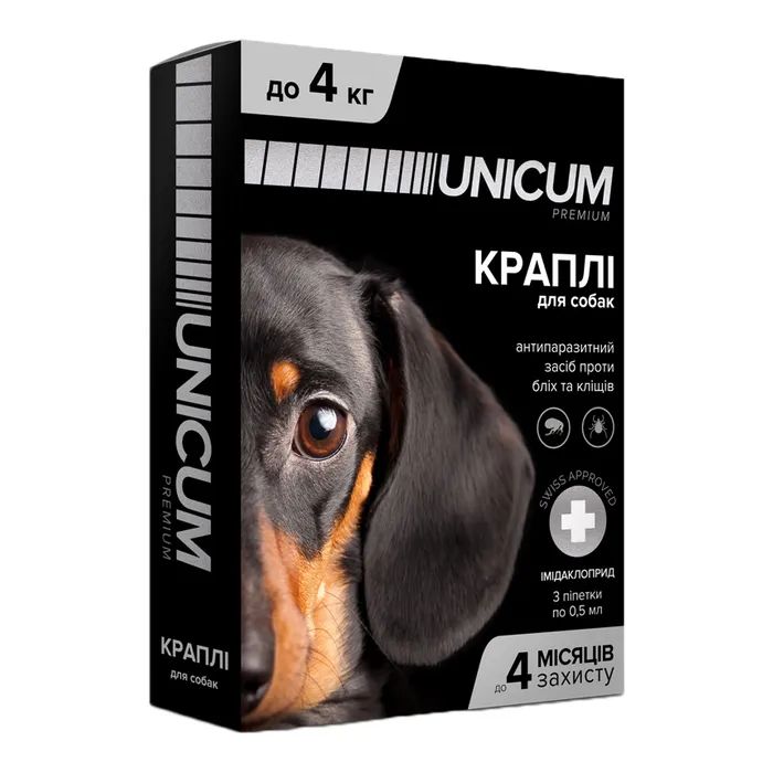 Капли для животных Unicum Premium от блох и клещей на холке для собак массой до 4 кг/3 шт (4820150201784)