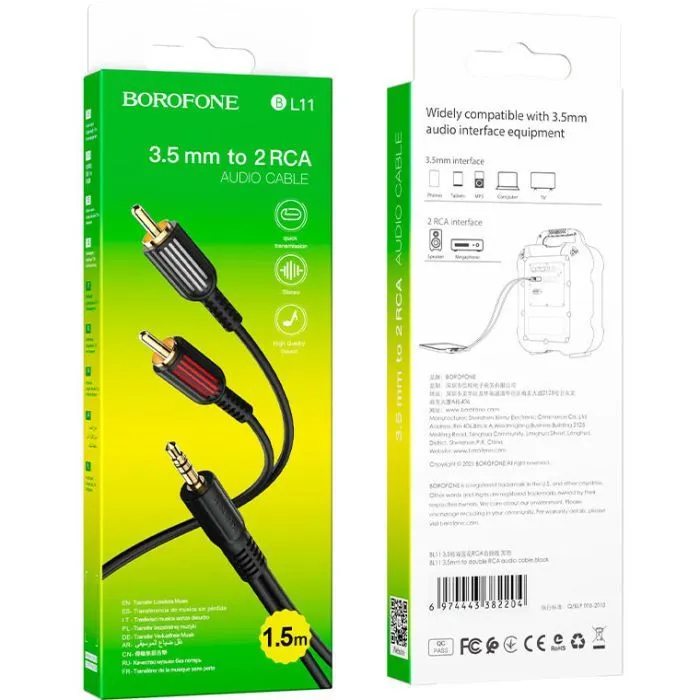 Кабель мультимедійний 3.5mm M to 2xRCA M 1.5m Black BOROFONE (6974443382204) зображення 5