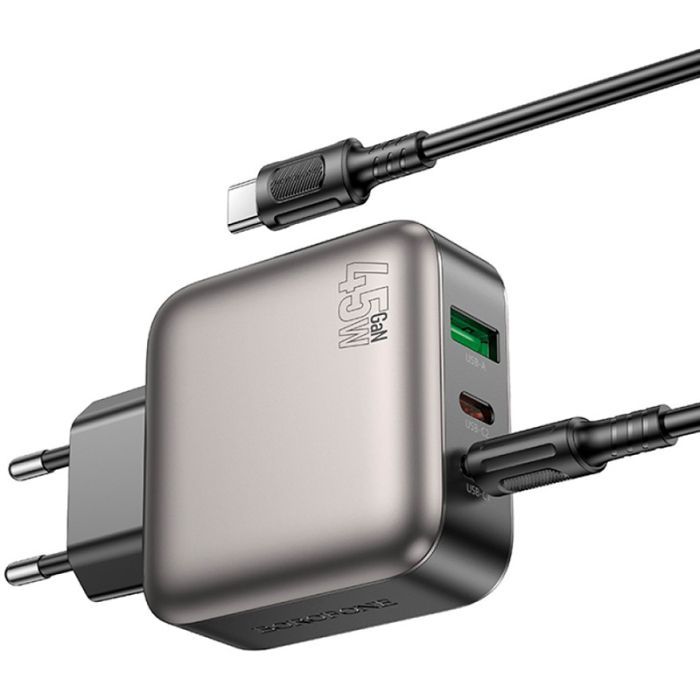 Зарядное устройство BOROFONE BAS56A Absolute 2xUSB-C + 1xUSB-A PD45W + cable USB-C to USB-C Black (6941991116278) изображение 4