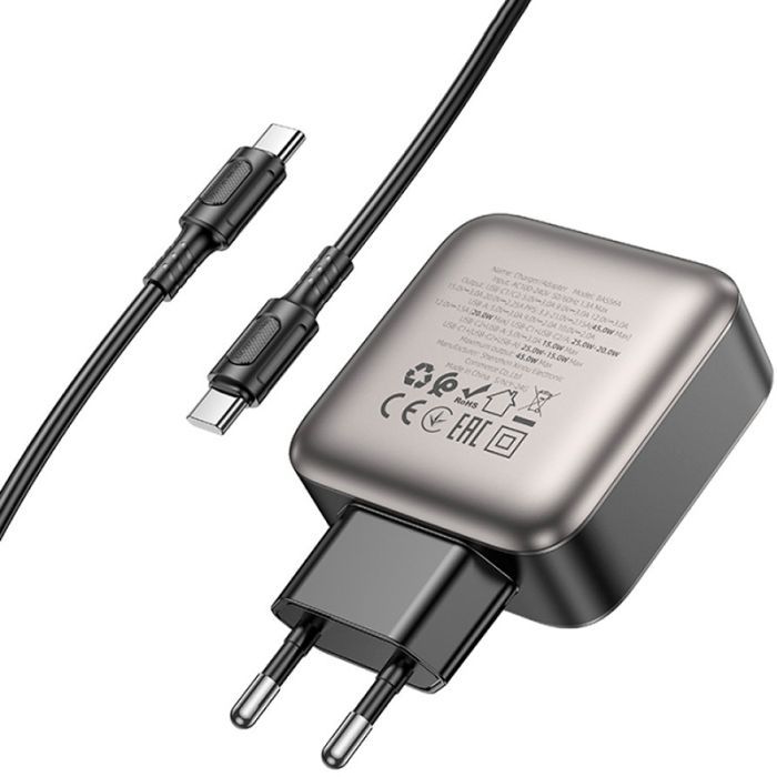 Зарядное устройство BOROFONE BAS56A Absolute 2xUSB-C + 1xUSB-A PD45W + cable USB-C to USB-C Black (6941991116278) изображение 5