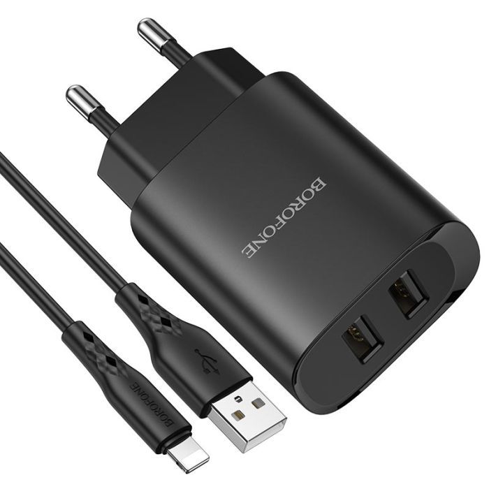 Зарядний пристрій BOROFONE BN2 2xUSB + cable USB to Lightning 10.5W Black (BN2LB) зображення 2