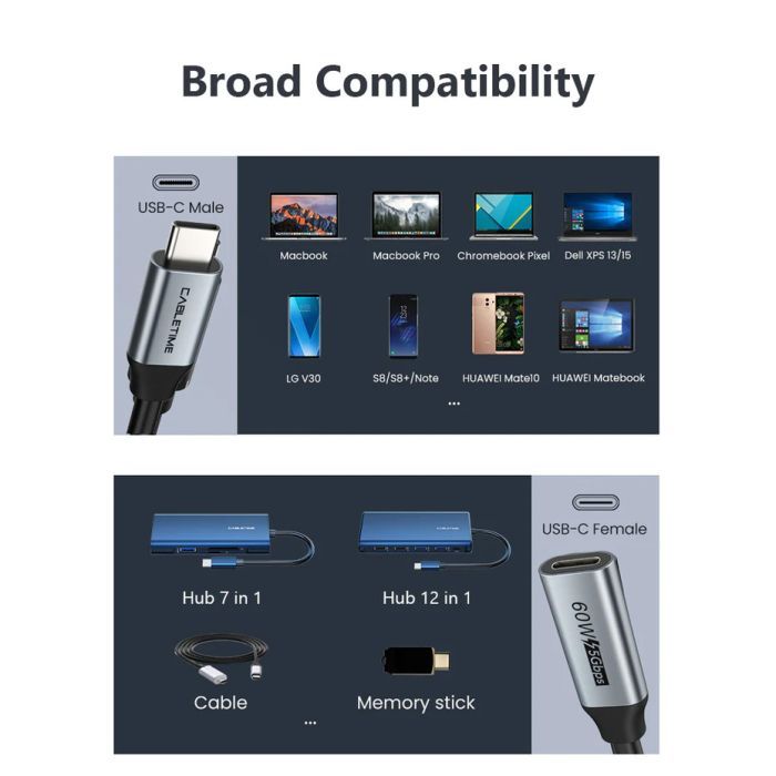 Дата кабель USB-C M to USB-C F 0.5m 5Gbps 60W 4K60Hz Cabletime (CA913664) зображення 8