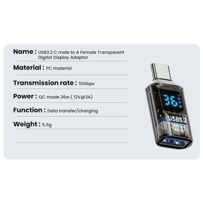 Перехідник OTG USB 3.2 AF to USB-C M 10Gbps QC 36W with display XoKo (AC-322UTC) зображення 3