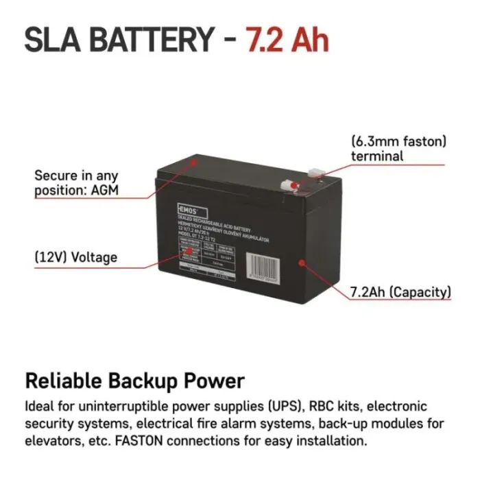 Батарея к ИБП EMOS B9674 AGM 12V 7,2Ah fast 6,3mm (B9674) изображение 3