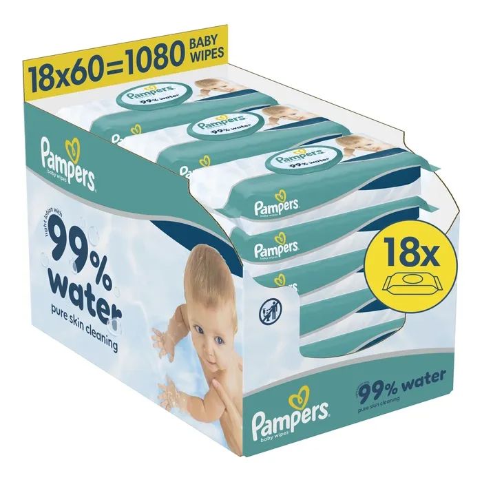 Детские влажные салфетки Pampers 99 Water 60 шт х 18 пачок (1080 шт) (8006530116374)