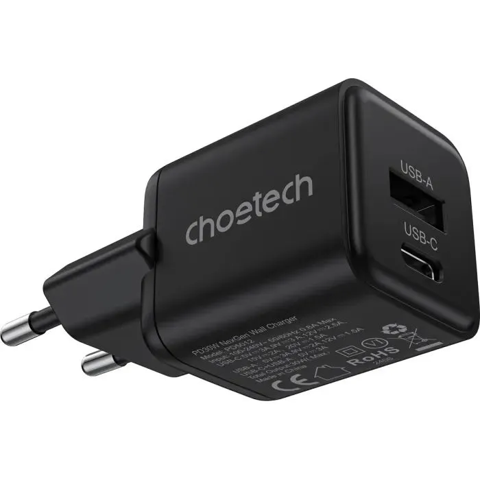 Зарядное устройство Choetech 1xUSB-C PD30W PPS + 1xUSB QC3.0 (PD5012-EU-BK) изображение 3