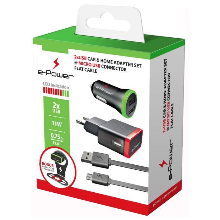 Зарядное устройство E-power Комплект 3в1 2 * USB 2.1A + кабель Micro USB (EP802CHS)