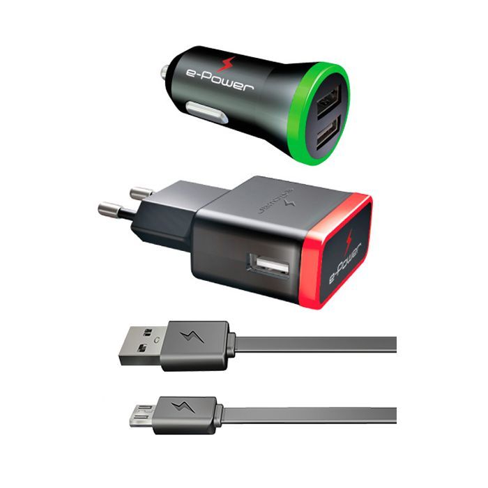 Зарядное устройство E-power Комплект 3в1 2 * USB 2.1A + кабель Micro USB (EP802CHS) изображение 2