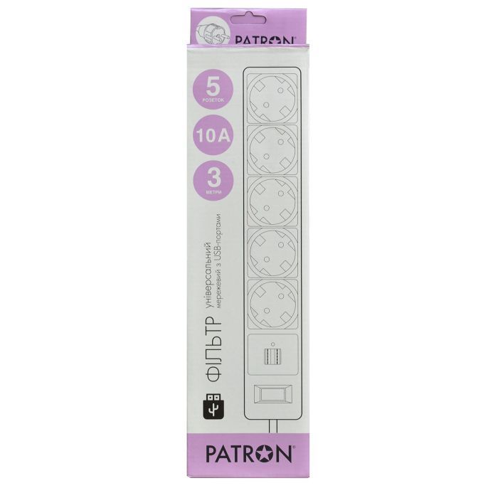 Сетевой фильтр питания Patron 3m (SP-53) + 2 USB 2.0, 2.1A , 5 роз. BLACK (EXT-PN-SP-53-USB) изображение 2