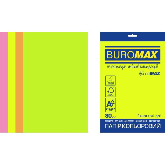 Бумага Buromax А4, 80g, NEON, 4colors, 20sh, EUROMAX (BM.2721520E-99)
