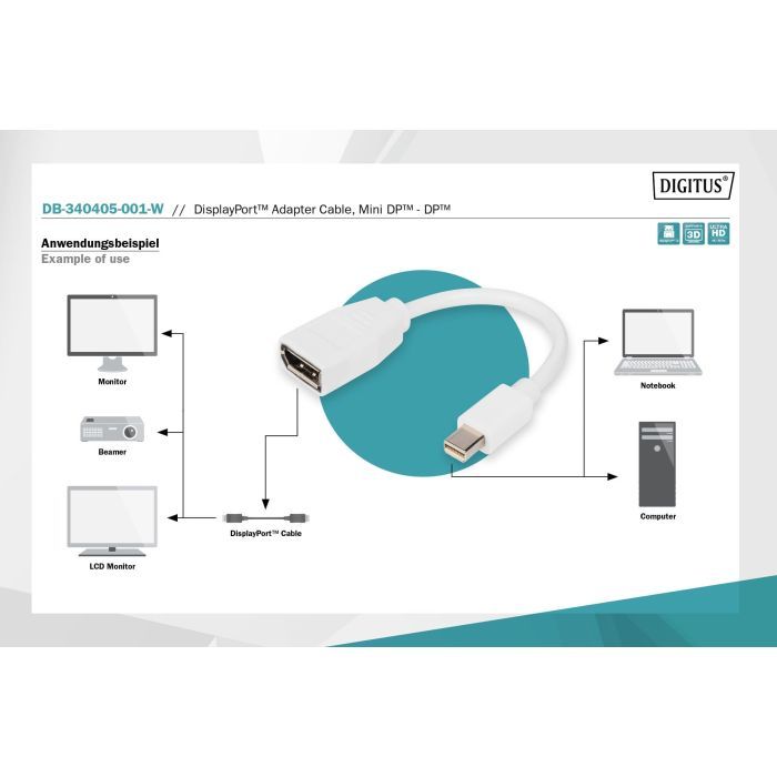 Перехідник mini DP to DP, M/F, 0.15m, white Digitus (DB-340405-001-W) зображення 2