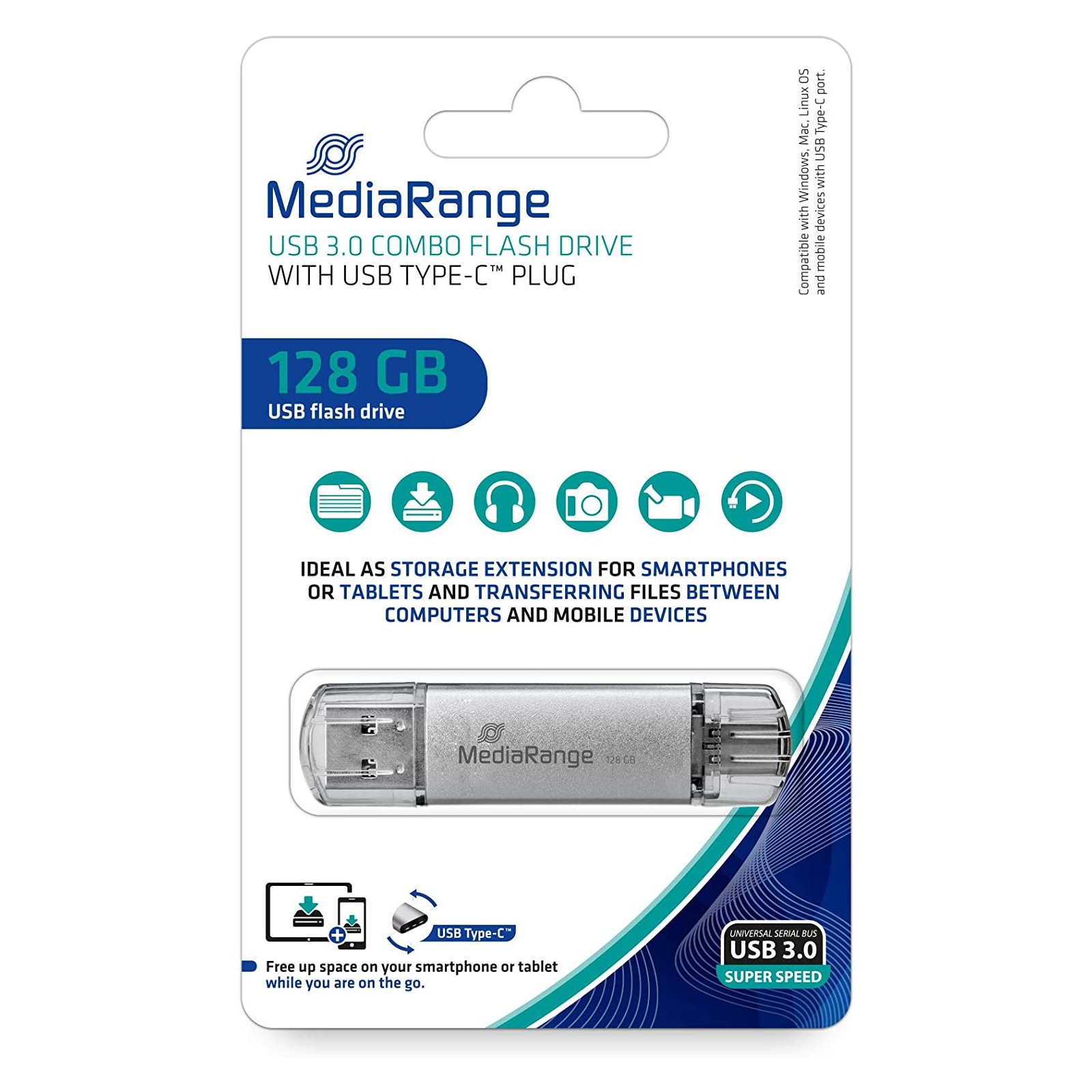 USB флеш накопитель Mediarange 128GB Silver USB 3.0 / Type-C (MR938) изображение 2
