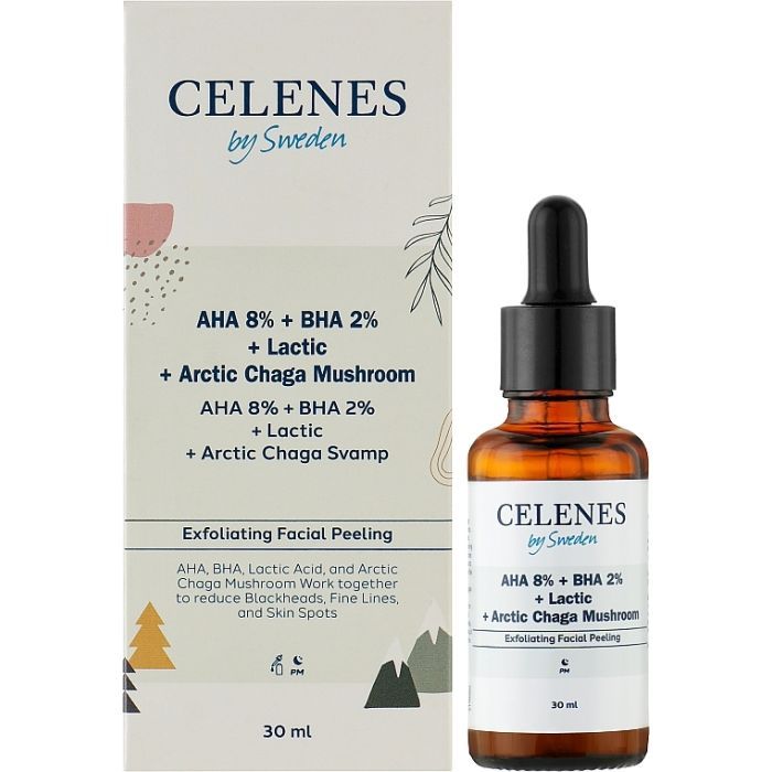 Сыворотка для лица Celenes AHA 10% + BHA 2% + Lactic + Arctic Chaga Mushroom 30 мл (7350104249472)