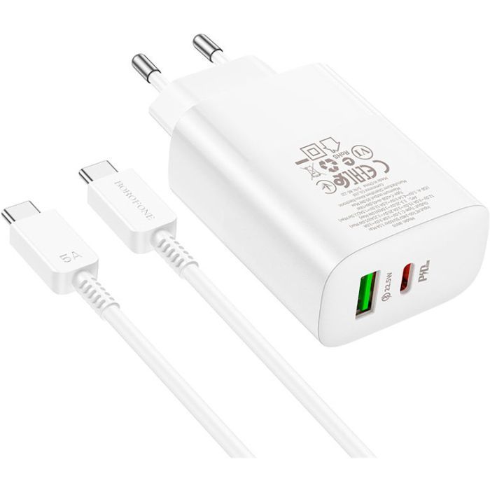 Зарядное устройство BOROFONE BN10 Sunlight 1xUSB-C PD65W + 1xUSB-A + cable USB-C to USB-C White (6974443388206) изображение 3