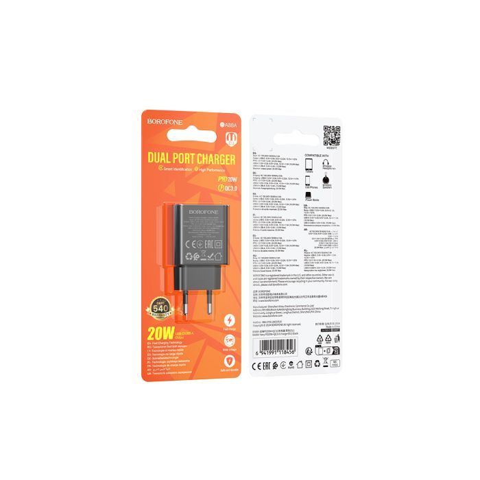 Зарядное устройство BOROFONE 1xUSB-C PD20W + 1xUSB QC3.0 black (BA88A/20WB) изображение 2