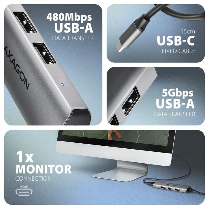 Концентратор AXAGON USB-C to 3xUSB-A + HDMI 0.15m gray (HMC-H3A) зображення 3