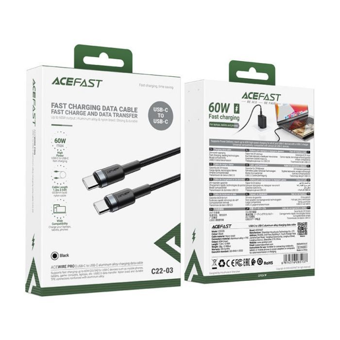 Дата кабель USB-C to USB-C 1.2m 60W black Acefast (6974316285137) изображение 4