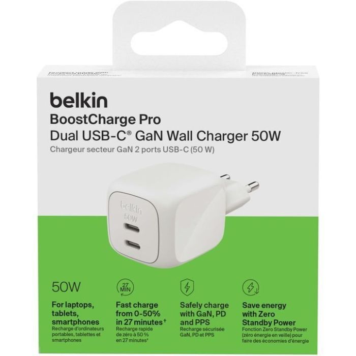 Зарядное устройство Belkin 2xUSB-C PD50W GaN PPS white (WCH019KQWH) изображение 8