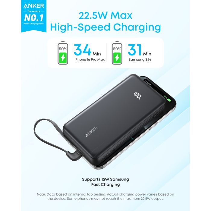 Батарея универсальная Anker 20000mAh 22.5W Built-In USB-C Cable White (A110EH21) изображение 2
