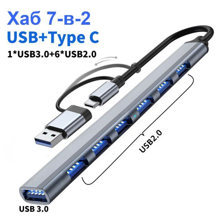 Концентратор Dynamode USB-C + UAB-A to 1xUSB 3.0 + 6xUSB 2.0 gray (DM-UH-701AC) зображення 2