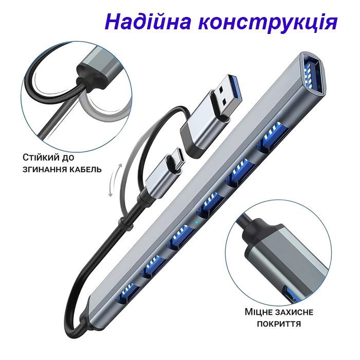 Концентратор Dynamode USB-C + UAB-A to 1xUSB 3.0 + 6xUSB 2.0 gray (DM-UH-701AC) зображення 4