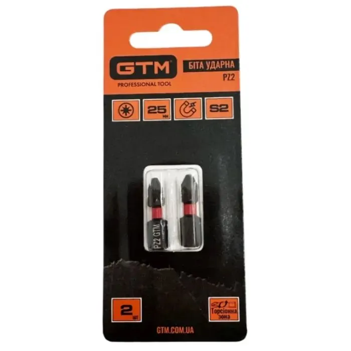 Набор бит GTM ударных, PZ2, 25мм, 2шт. (SBI-Z2-25B)