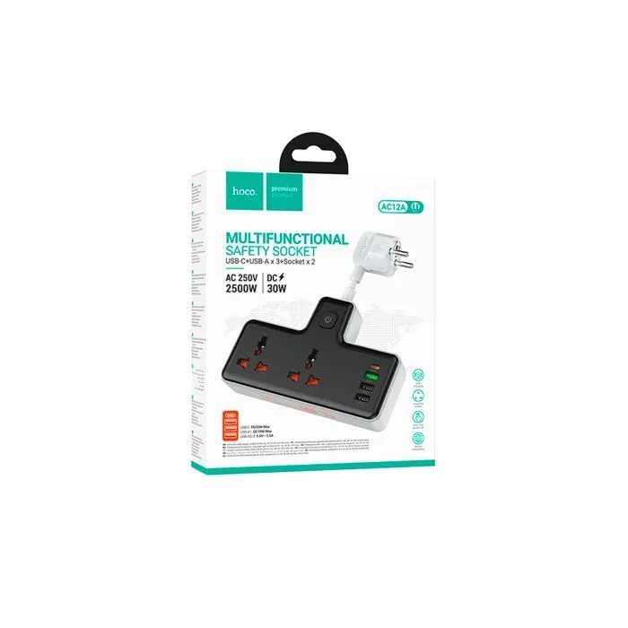 Сетевой фильтр питания HOCO AC12A, 2 роз, 3 USB. USB-C, 30W, 1м, Black (AC12AB)