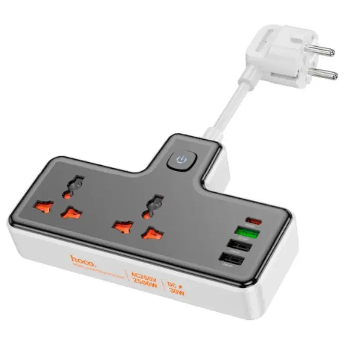 Сетевой фильтр питания HOCO AC12A, 2 роз, 3 USB. USB-C, 30W, 1м, Black (AC12AB) изображение 2