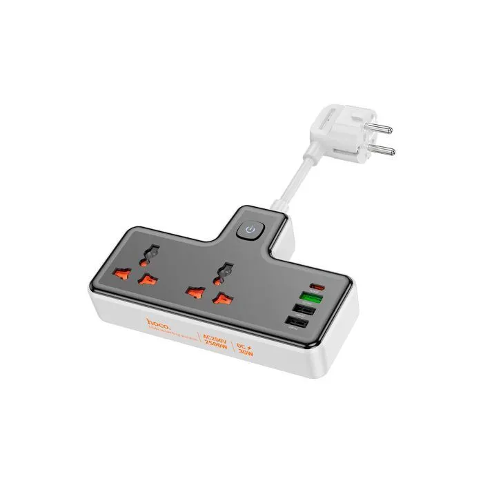 Сетевой фильтр питания HOCO AC12A, 2 роз, 3 USB. USB-C, 30W, 1м, Black (AC12AB) изображение 3