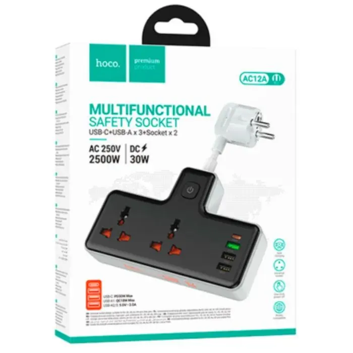 Сетевой фильтр питания HOCO AC12A, 2 роз, 3 USB. USB-C, 30W, 1м, Black (AC12AB) изображение 3