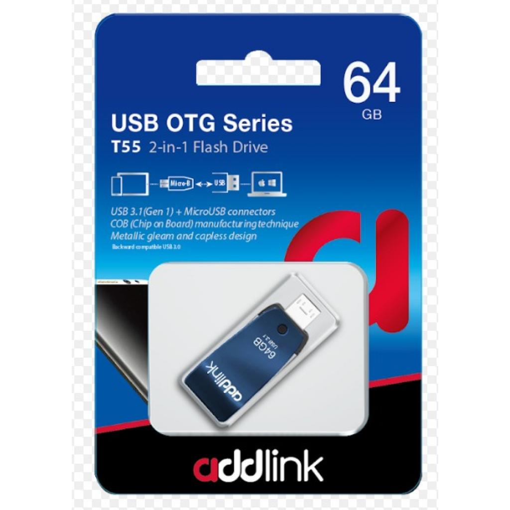 USB флеш накопитель AddLink 64GB T55 Blue USB 3.1/Micro USB (ad64GBT55B3) изображение 3