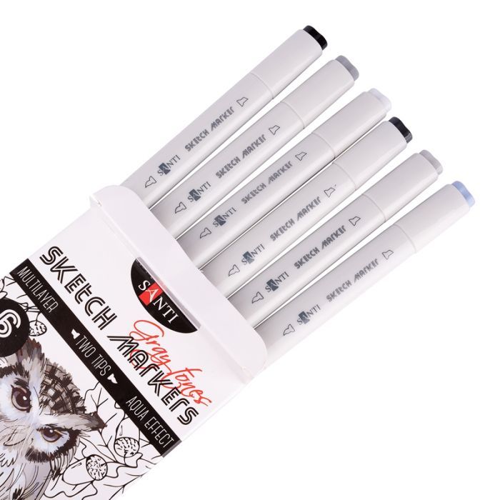 Художественный маркер Santi набор двусторонних sketch Gray tones 6 шт (390544) изображение 3