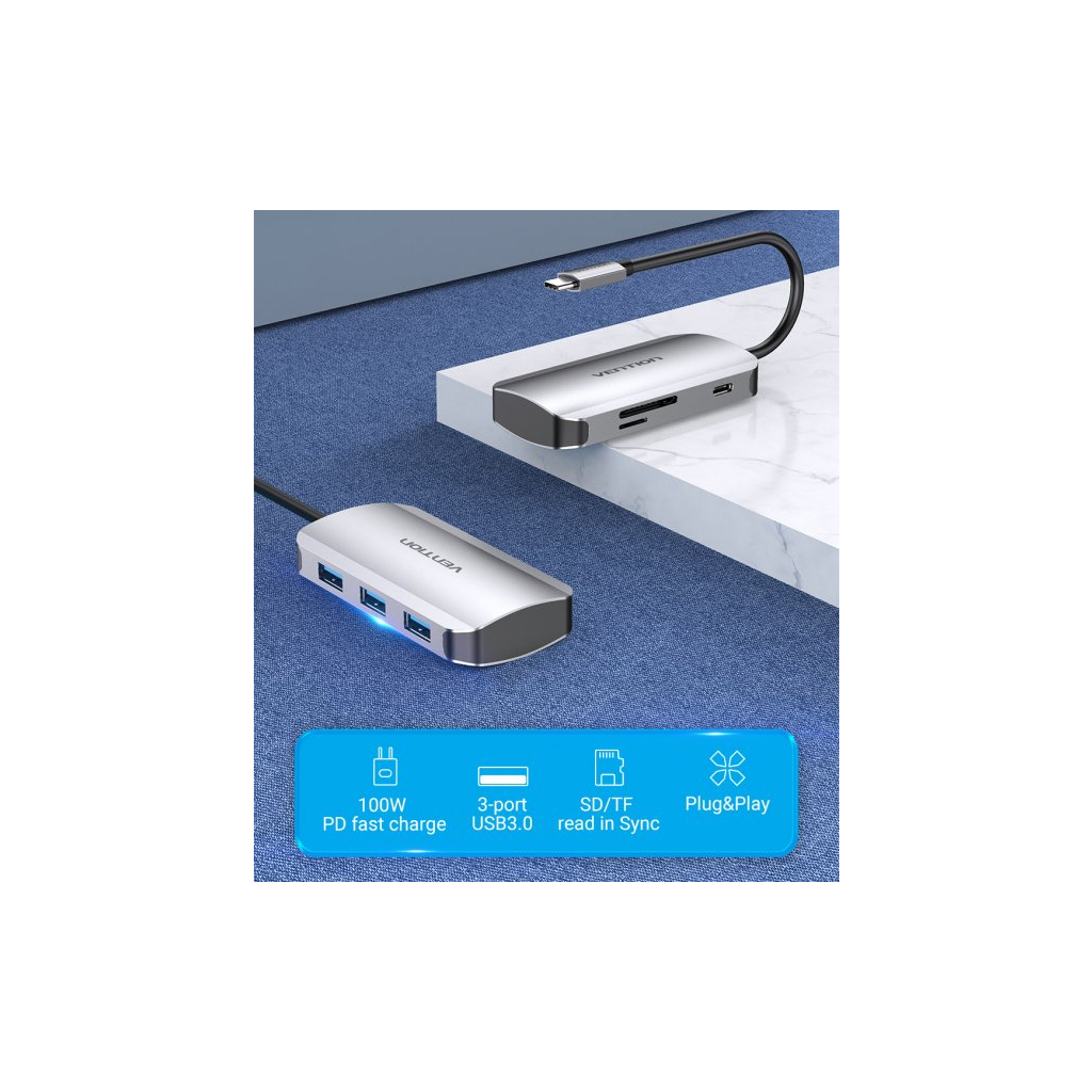 Концентратор Vention USB3.1 Type-C --> USB 3.0x3/SD/TF/PD 100W Hub 6-in-1 (TNHHB) зображення 2