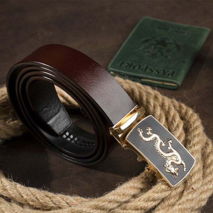 Ремень Vintage Мужской золотой дракон Коричневый (20259) изображение 7