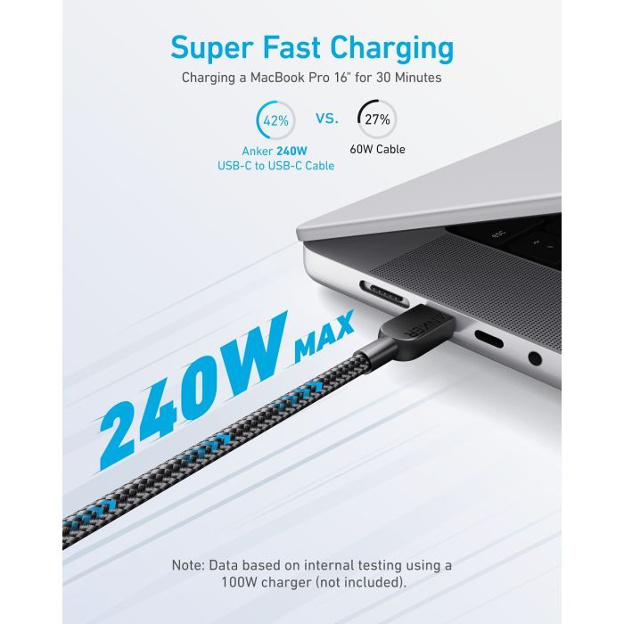 Дата кабель USB-C to USB-C 0.9m 240W nylon 310 black Anker (A81D5H11) зображення 2