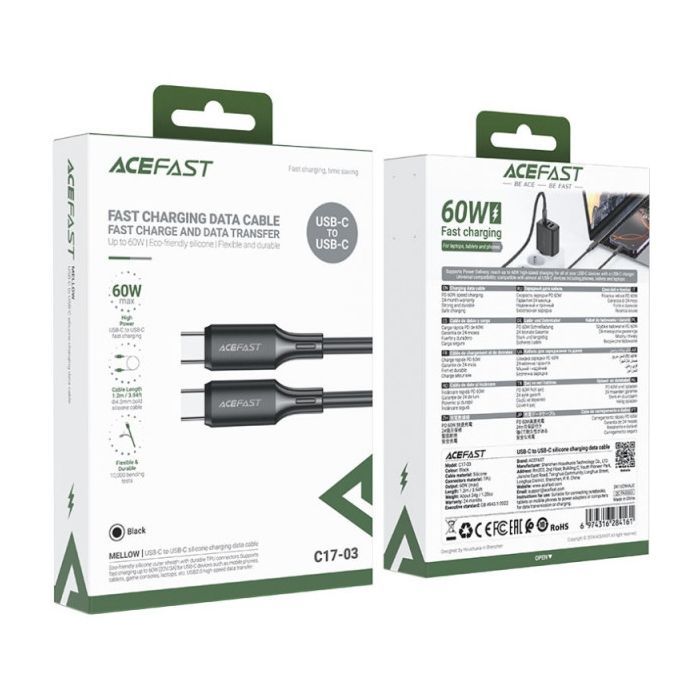 Дата кабель USB-C to USB-C 1.2m 3A 60W silicone black Acefast (6974316284161) изображение 4