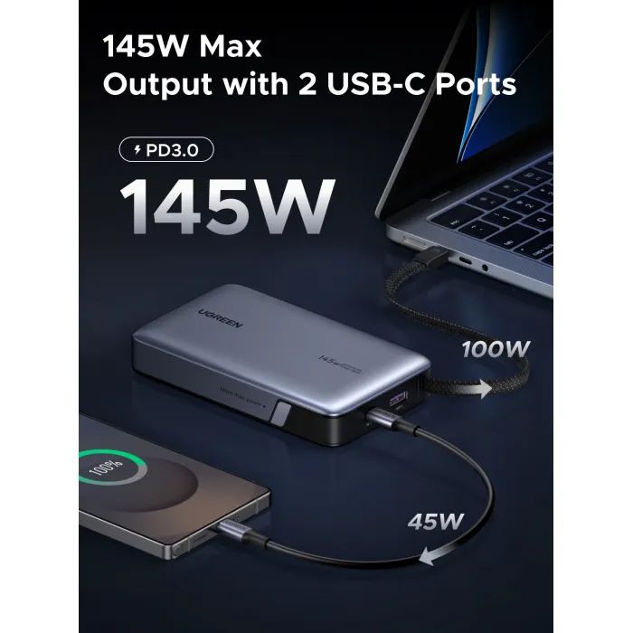 Батарея универсальная Ugreen 20000mAh 145W with Built-in Cable (PB551 55992B) изображение 4